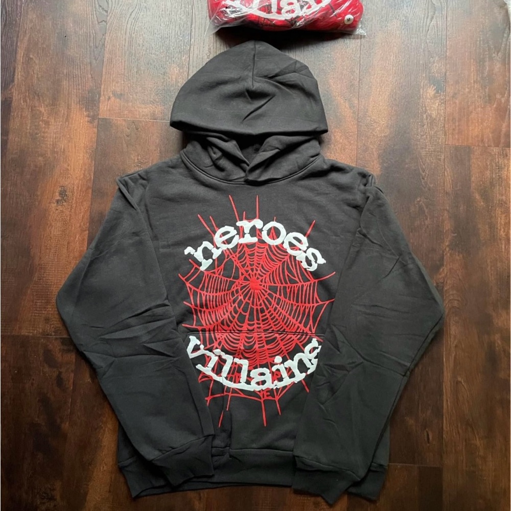 New sp5der hoodie- hero’s and villains black Authentic